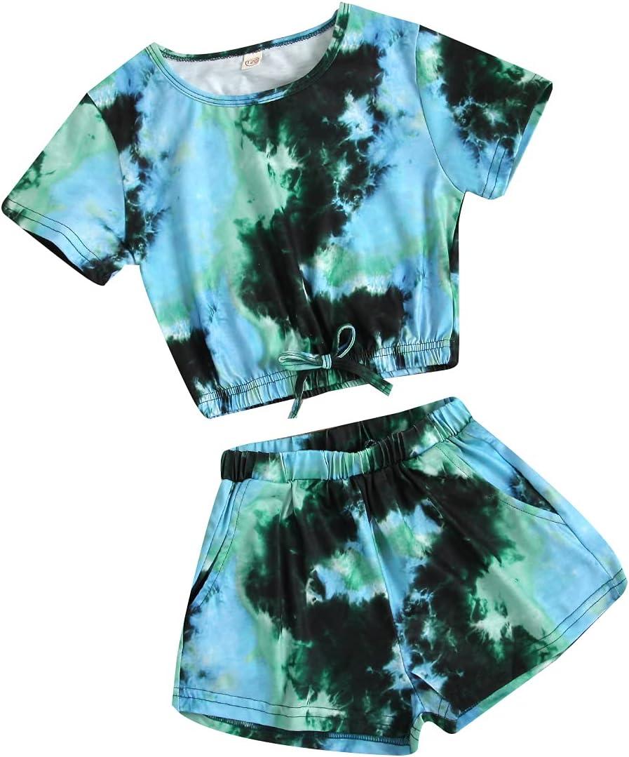 Girls Summer Tie-Dye Outfits Elastic Drawstring T-Shirt Crop Top and Elastic Waist Shorts Set with Side Pockets (Blue)