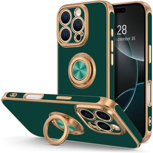Hython for iPhone 16 Pro Max Case with Ring Stand, 360 Rotatable Ring Holder Magnetic Kickstand, Plating Rose Gold Edge Soft Cover Protective Phone Case for iPhone 16 Pro Max 6.9", Midnight Green