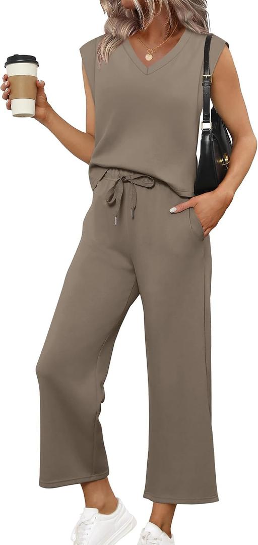 SAMPEEL Two Piece Sets for Women Summer Outfits Travel Airport Outfits Trending Soft Lounge Sets for Women Going Out Top Sweatsuits Coffee M