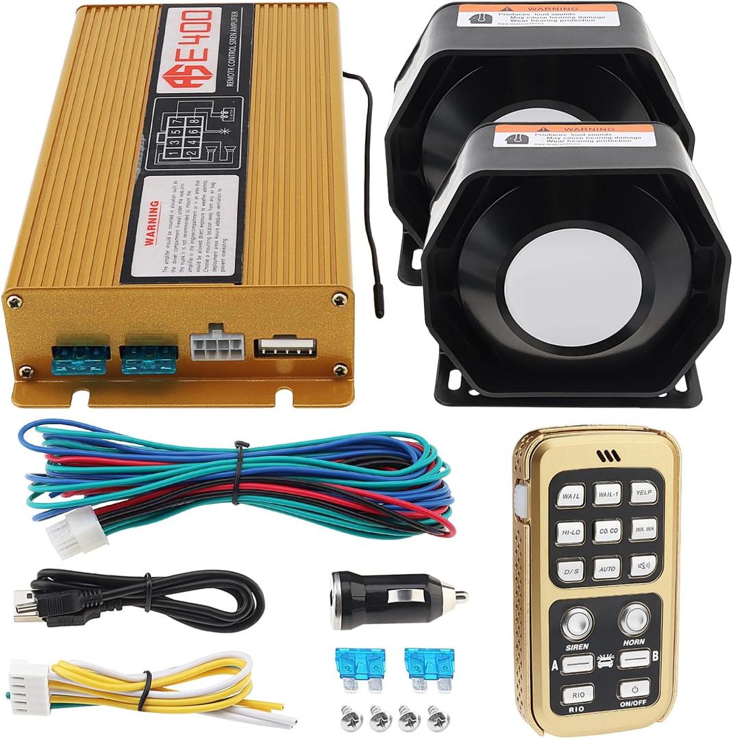 12V 400W 18 Tones Police Siren Mic PA System Wireless Car Alarm System with Emergency Warning Loud Horn Speaker & Remote Control for Firefighter Ambulance Vehicles Truck Car SUV ATV UTV