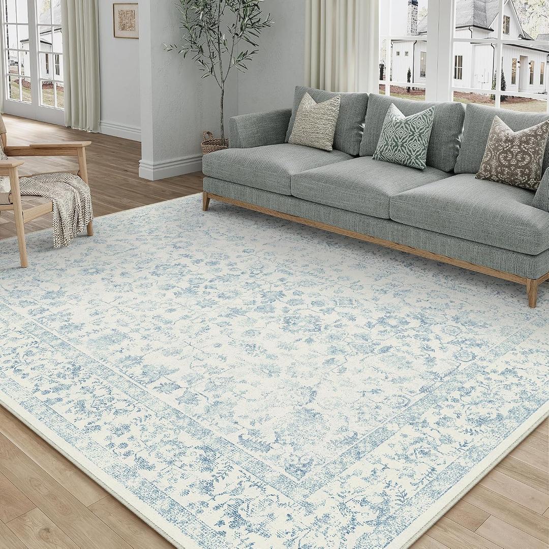 PureCozy 5x7 Blue Area Rug Non Slip Vintage Living Room Distressed Machine Washable Carpet Traditional Indoor Bedroom Blue Retro Floral Accent Throw Rug for Office Kitchen Dorm Dining Room