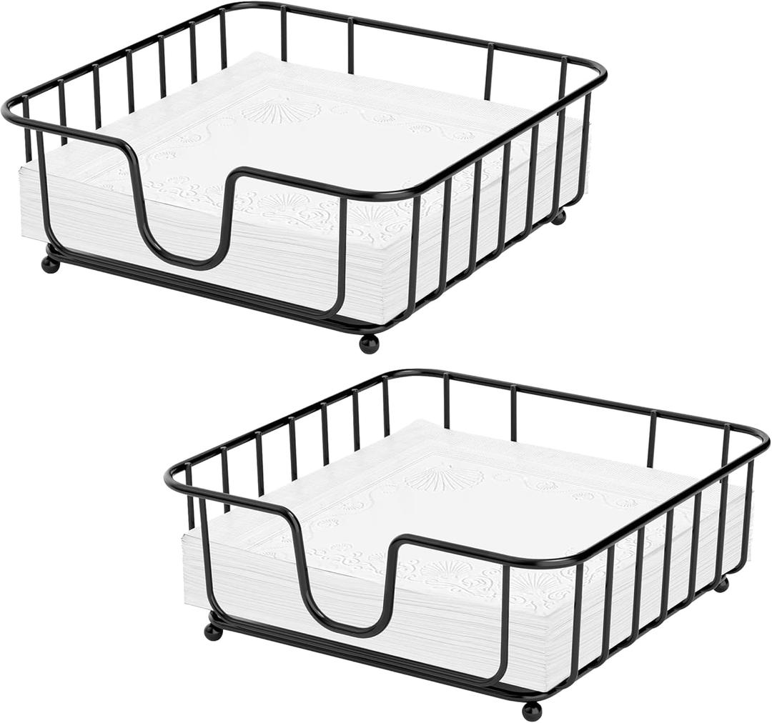 2 Pack Napkin Holder for Table, Napkin Holders for Paper Napkins, Flat Metal Black Napkin Holders for Kitchen & Dining Table, 6.9" x 6.9" x 2.2" Inside Size (Black)