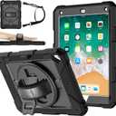MENZO Shockproof Case for iPad 5th Gen/6th Gen/Air 2/Pro 9.7-inch with 360° Swivel Stand, Pencil Holder, Detachable Hand and Shoulder Strap, Black