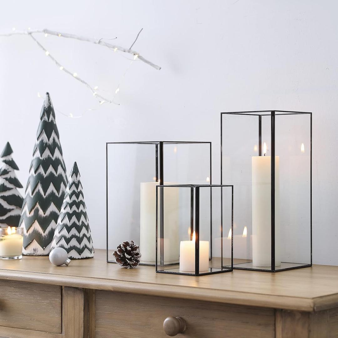 Set of 3 Square Glass Hurricane Candle Holders, Clear Glass Framed in Black-Finish Brass, Great for Home Decor and Wedding,Holiday Decor.