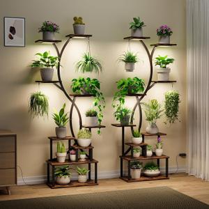 Plant Stand Indoor with Grow Lights 9 Tiered Wood Plant Shelf 62" Tall Plant Stand Metal Frame for Indoor Plants Multiple Flower Pot Holder, Large Plant Rack for Living Room Patio Corner 2 Pack