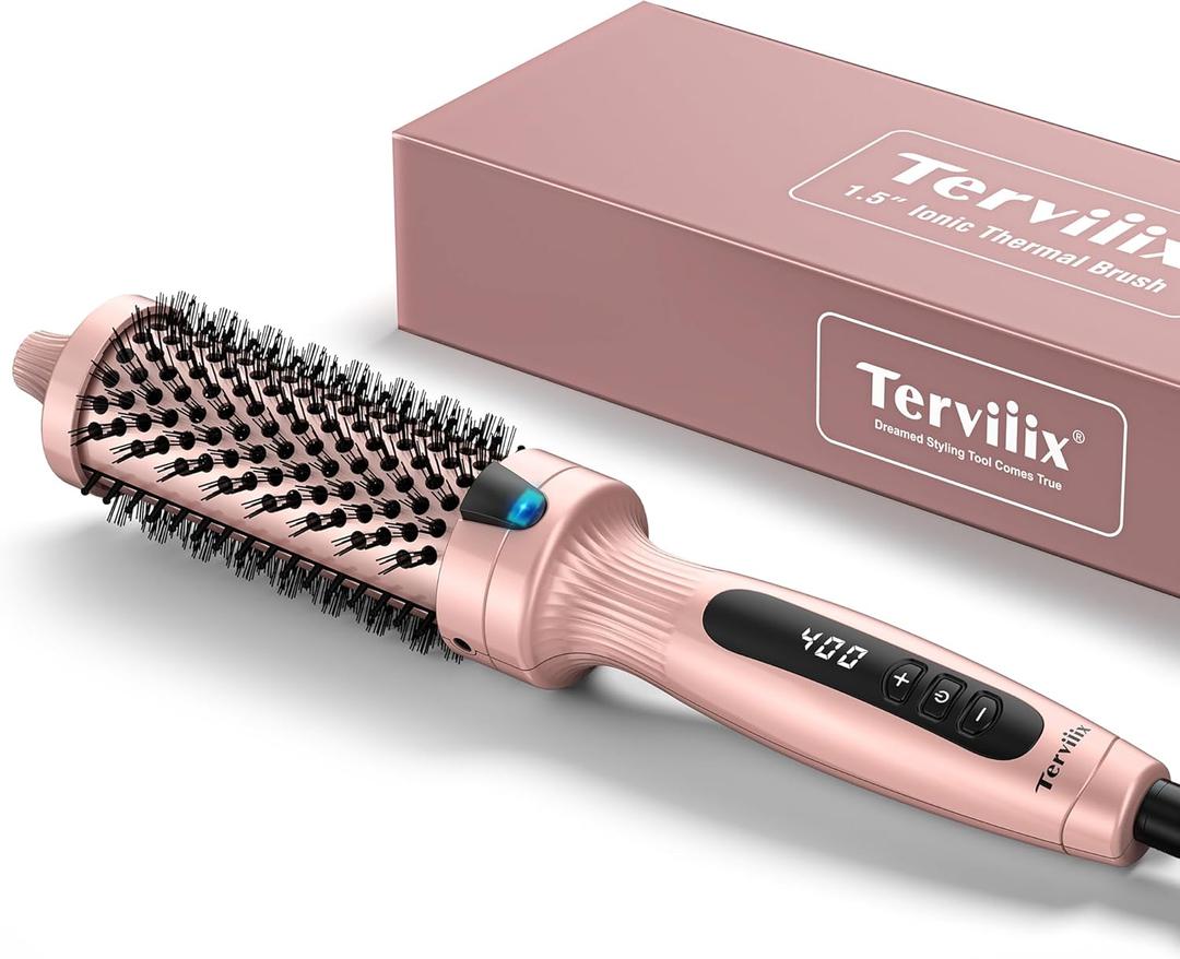 Terviiix Thermal Brush Get Voluminous Style, Quick Heating Hot Brush, Ceramic Tourmaline Ionic Heated Curling Iron, Digital Display 9 Temperatures Curling Wand, Dual Voltage, 1.5 Inch (Rose Gold)