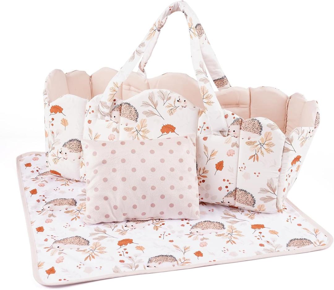 BABESIDE 3 Pcs Baby Doll Bassinet with Doll Bedding Set for 17-22 Inch Babydolls, Cute Animal Print Baby Dolls Crib with Blanket for Reborn Baby Doll Accessories, Off-White