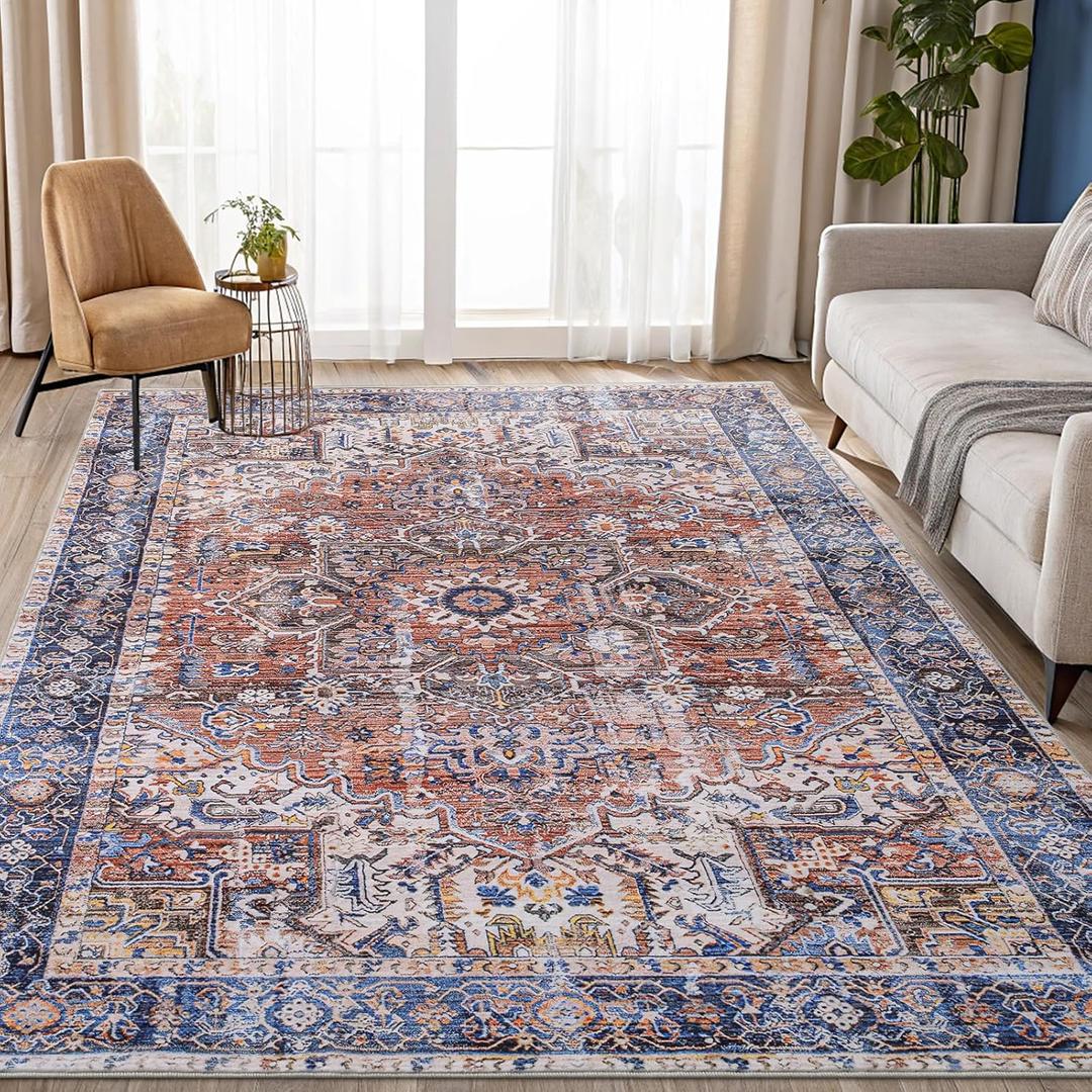 Smiry Area Rugs for Living Room Bedroom, Machine Washable 5x7 Vintage Rug, Soft Plush Bedside Floor Carpet for Farmhouse Nursery Kitchen Laundry Home Decor, Rust/Multi