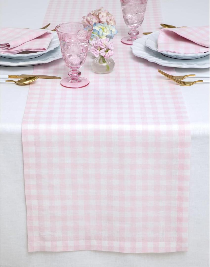 Solino Home Linen Gingham Table Runner 60 Inches - 100% Pure Linen Marshmellow Pink Checkered Table Runner 14 x 60 Inch Ideal for Dresser and Coffee Tables, Mothers Day, Spring, Easter