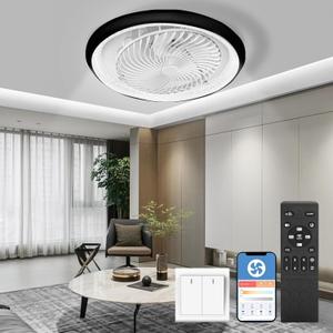 Ceiling Fan with Lighting LED Light, 19" Invisible Fan Ceiling Light, 360 Rotatable, Dimmable 72 W with Remote Control Fan Lamp, Ceiling Lamp for Living Room Dining Room Bedroom (Black/White)