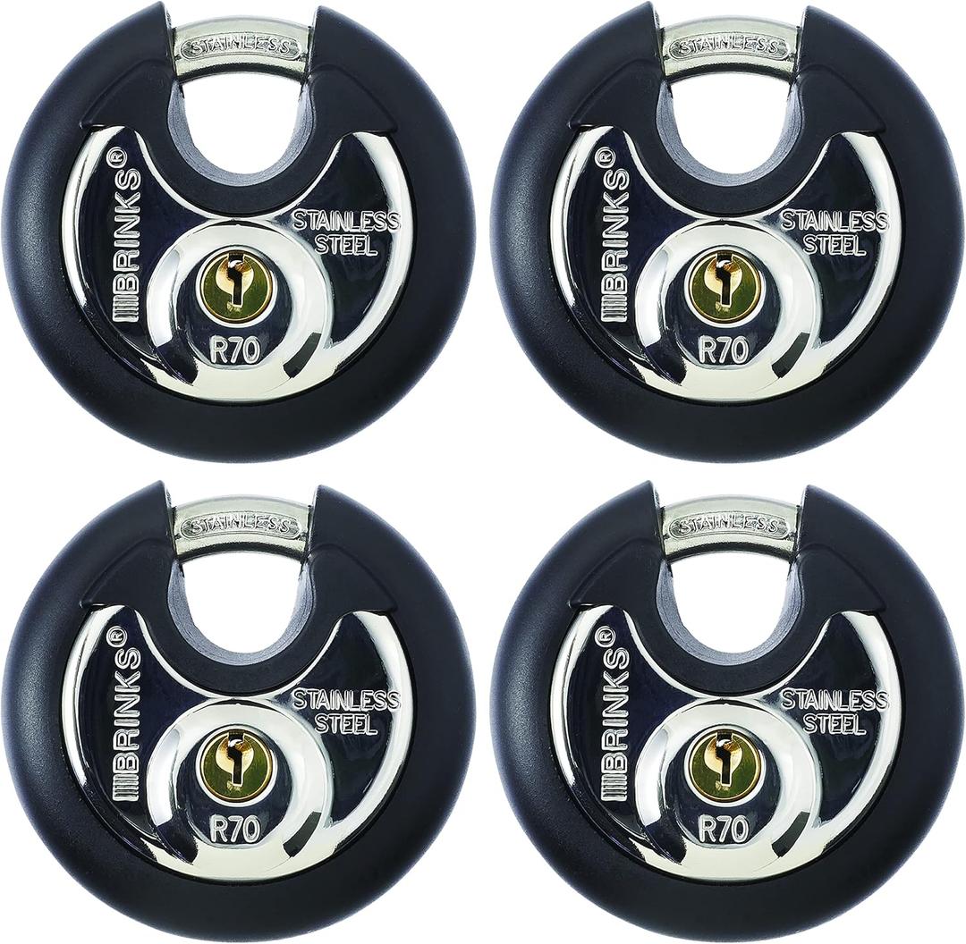 BRINKS Heavy Duty Padlock with Key - 70mm Discus Keyed Lock for Storage Shed, Garage, Storage Lockers, Sliding Doors, Tool Box, and Cabinets, 4 Pack