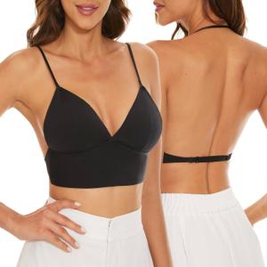 Strappy Low Back Bra for Women Deep V Low Cut Backless Bralette Multiway Convertible Straps Halter Bra (Medium, Black)