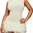 MakeMeChic Women's Plus Size Summer Mini Dress Crochet Fringe Sleeveless Mock Neck Dresses White Large Plus