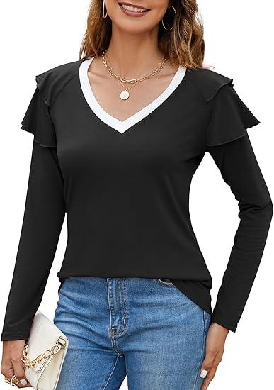 SENFURE Womens Ruffle Long Sleeve Tops Colorblock V-Neck Shirts Casual Slim Fitted Tee Blouse, L, Black