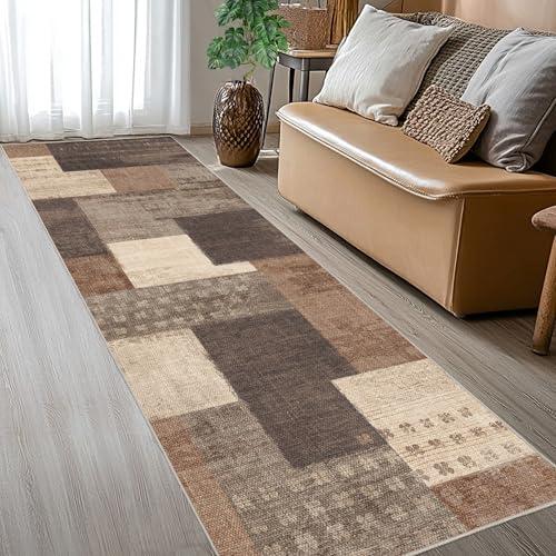 QDUIDU Modern Geometric Patchwork Indoor Runner Rug for Living Room, Beige 2'x 6' Large Rug Rockwood Collection Hardwood Floors Decor for Bedroom, Beige Throw Carpet for Office Entryway Dining Room