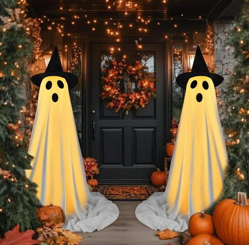 Halloween Decorations Outdoor Indoor, 2 Pack Spooky Ghost with Witch Hat, Scary Ghost Decorations with LED String Lights, Terrifying Halloween Decor for Home Outside Porch Garden Yard Lawn Party