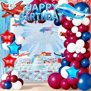 Airplane Birthday Party Decorations Set Flight Theme Supplies with Balloons Backdrop Tablecloth Cake Toppers Aviation Party Decor