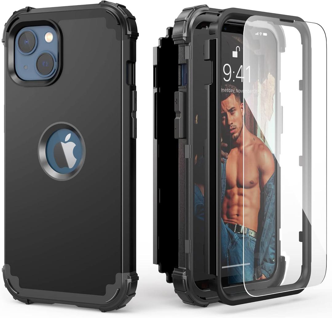 IDweel for iPhone 14 Plus Case with Screen Protector for Men Women,Luxury 3 in 1 Shockproof Slim Fit Hybrid Heavy Duty Hard PC Cover Soft Silicone Bumper Full Body Anti-Fingerprint Case,Black