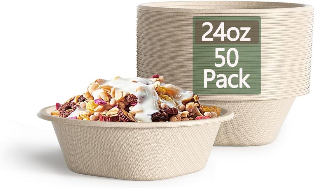 Homestockplus [50 Pack] 24 Oz Disposable Paper Bowls  Heavy Duty Disposable Bowls  Made from Natural Bagasse for Cereal, Rice, French Fries  Convenient and Compostable