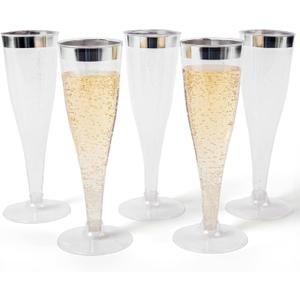 Prestee Set of 24 Silver Glitter Plastic Champagne Flutes - 4.5 oz Capacity - Shatterproof Durable Disposable Glasses - Elegant Design - Ideal for Weddings, Cocktail Parties, and Outdoor Celebrations (24 Count (Pack of 1))
