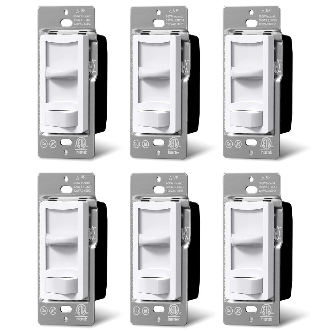 BESTTEN 6 Pack Super Slim Slide Dimmer Light Switch, Single Pole or 3 Way Dimmer Switches, Compatible with LED Dimmable Lamp, CFL, Incandescent, Halogen Bulb, ETL Listed, White