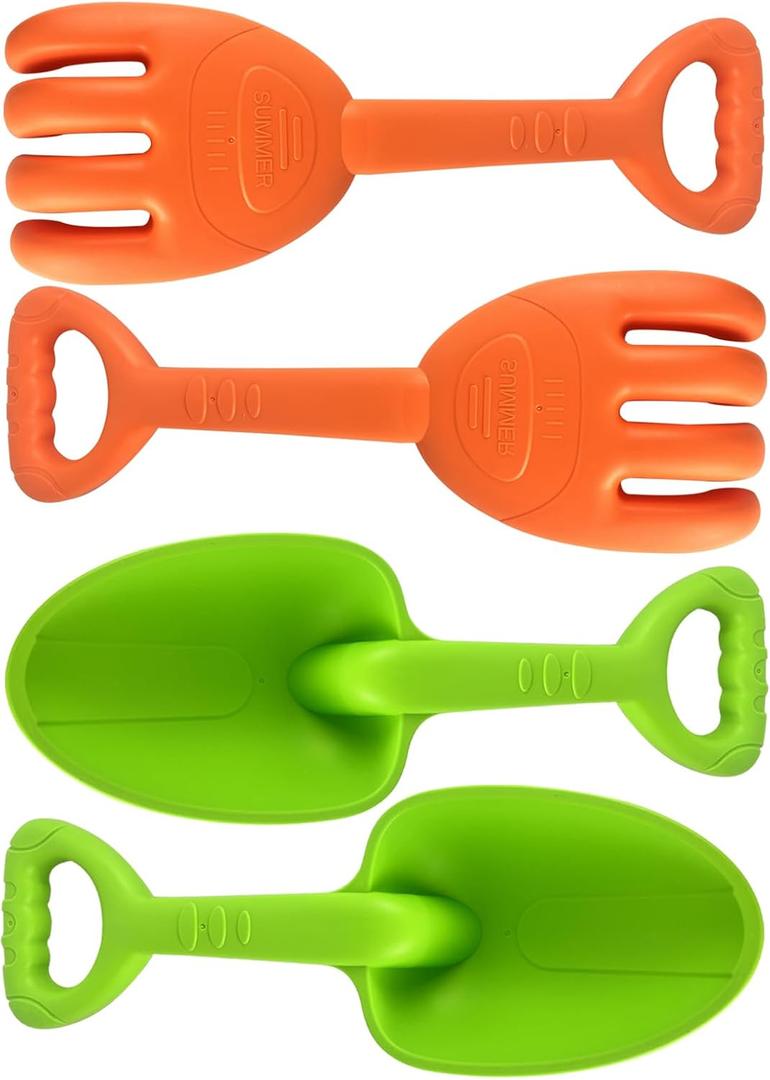 IOKUKI Large Shovels & Rakes - Solid Plastic, Sand Toys with Mesh Bag 4 PCS