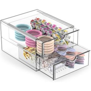 Hair Accessories Organizer for Girls, 2 Tier Acrylic Stackable Storage Drawers, Clear Vanity Hair Tie Bow Claw Clip Scrunchie Holder Organizer for Girls Stuff, Cute Desk Organizers and Accessories