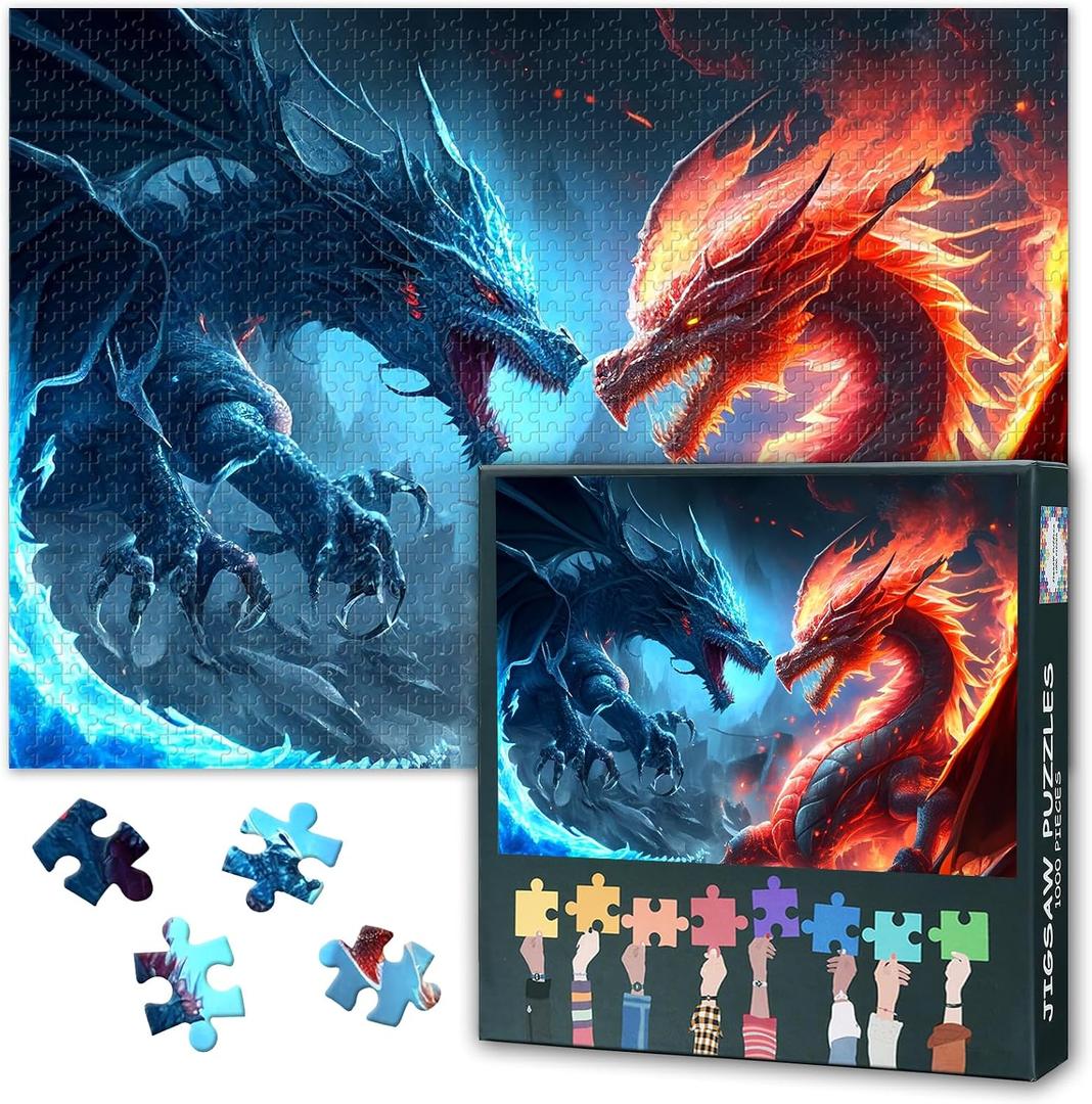 Puzzle Games - Dragons - Ice Dragon and Fire Dragon - 1000 Piece Jigsaw Puzzles for Adults -Challenging Puzzle Perfect for Game Nights - Finished Size is 27.5" x 19.6"/70 * 50cm