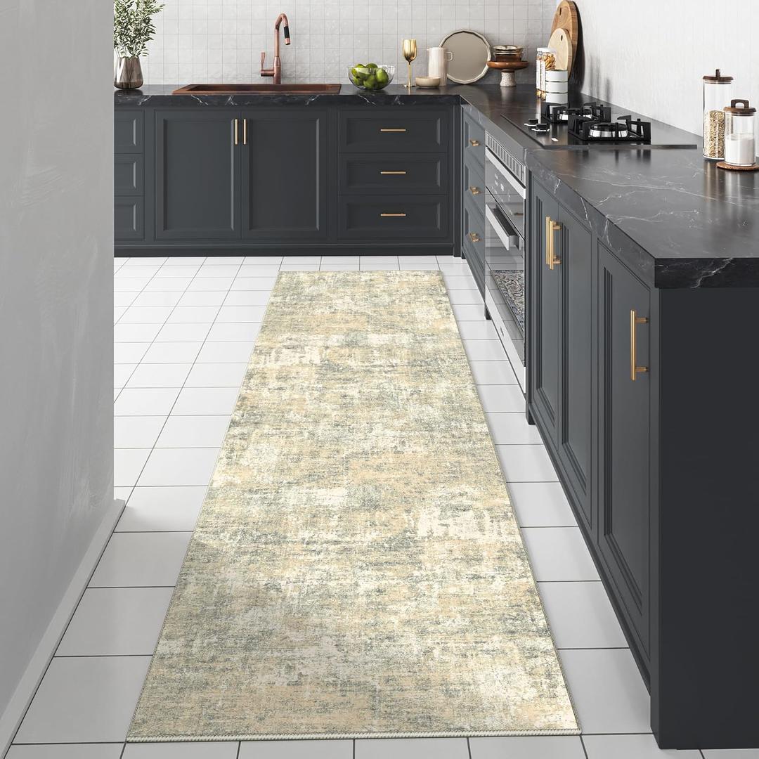 Machine Washable Runner Rug 2x6 Beige Gray Hallway Neutral Indoor Accent Modern Abstract Kitchen Low Pile Carpet Non Slip Distressed Throw Area Rug Living Room Bedroom Office Dining Room (2' x 6' (Runner), Abstract Beige Grey Multi)