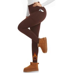 iaoja Fleece Lined Leggings Women with Pockets - Thermal High Waist Tummy Control Yoga Pants Winter Workout Running Pants (Large-X-Large, Brown)