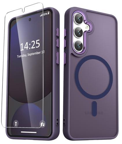 YENAPOON for Samsung Galaxy S25 Case, Matte Magnetic Phone Case with 1 Screen Protector, Support for Magsafe, Translucent Frosted Shockproof Protective Cover for Samsung Galaxy S25, Purple