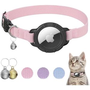 AirTag Cat Collars, Stretchy Collar with Apple AirTag Holder and Bell, Breakaway Ultra Design Elastic GPS Tracking Collars for Cats and Puppies, (7.5-12.5 Inch), Pink