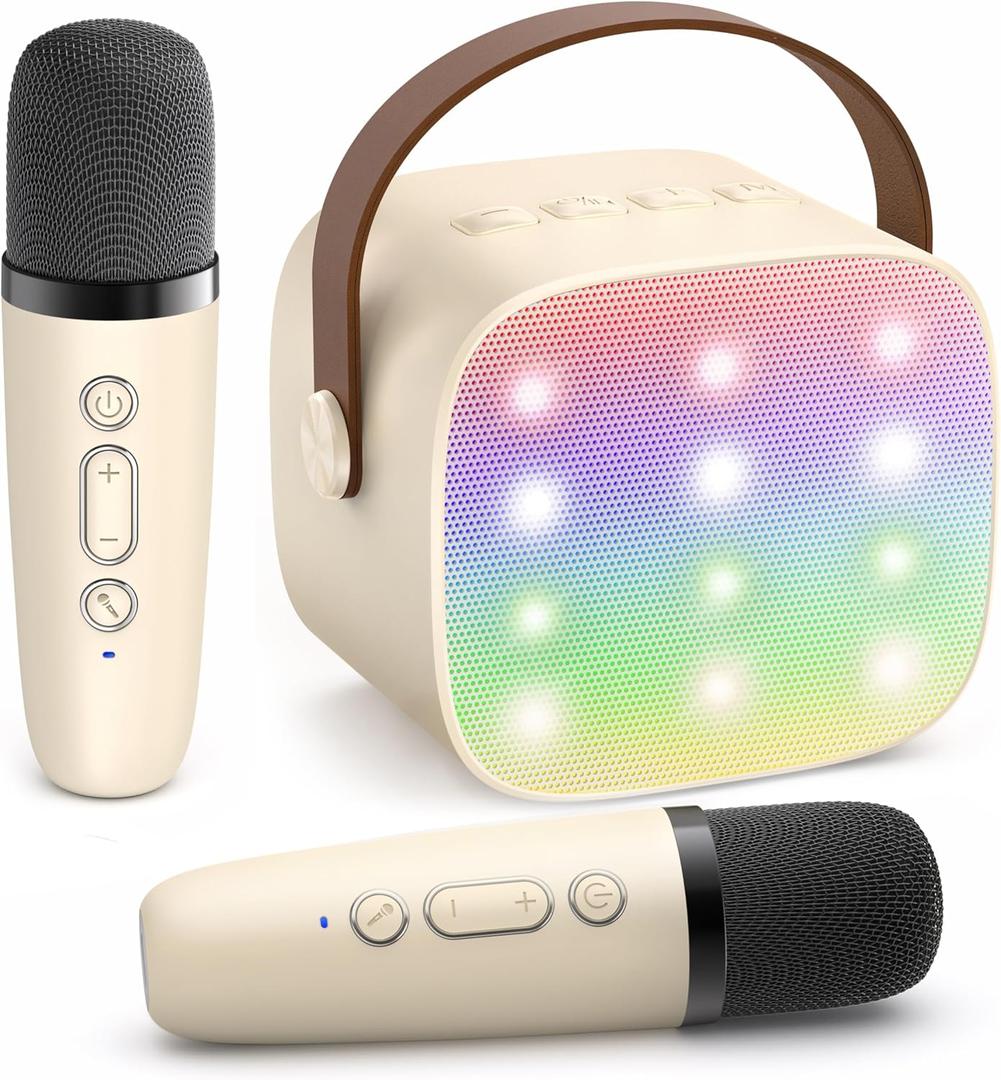 Mini Karaoke Machine with 2 Wireless Microphones for Kids Adults, Portable Bluetooth Speaker Gift for Girls Toys 4, 5, 6, 7, 8, 10, 12+ Years Old Teens Birthday(Beige)
