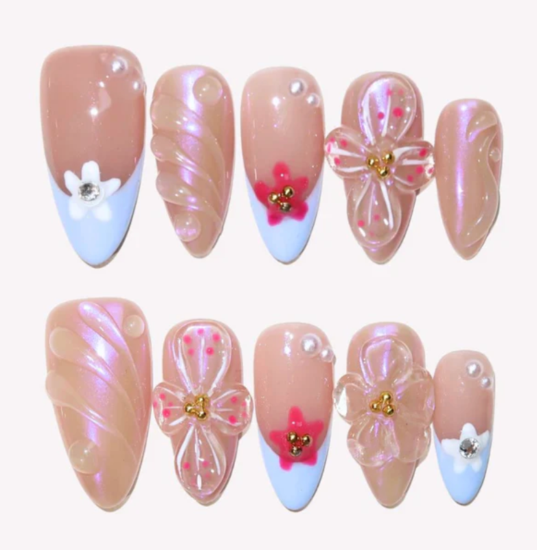 Handmade Press on Nails  Medium Almond,Artificial Acrylic Nails Blue French Tips Stick on Nails 3D Pearl Fake Fingernail Summer False Nails for Women Manicure 10 Pcs (Size M)