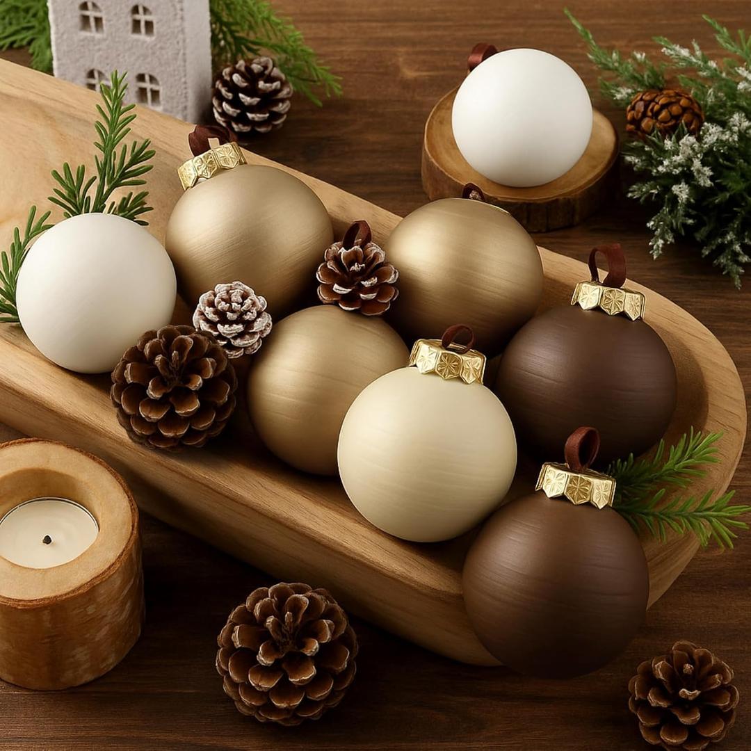 24 Pcs Neutral Textured Christmas Ball Ornaments 2.4 Inch Rustic Matte Cream Ivory Brown Gold Xmas Baubles Antique Farmhouse Xmas Tree Decorations Modern Christmas Home Decor for Tree Holiday (Coffee)