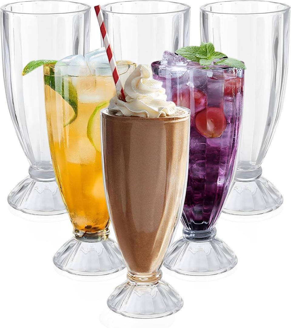 Cheardia 6 Pack Plastic Milkshake Glasses, 15 oz Milkshake Cups Ice Cream Sundae Glasse, Clear Old Fashioned Soda Glasses for Smoothies, Root Beer, Parties, Events