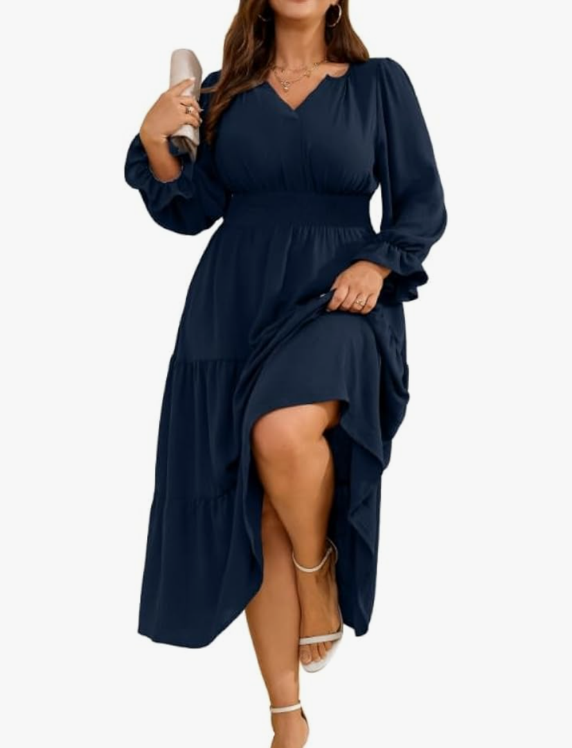 RWJ Womens Plus Size Fall Dress Long Sleeve V Neck Tiered A-Line Elegant Formal Casual Wedding Guest Maxi Dresses 3XL