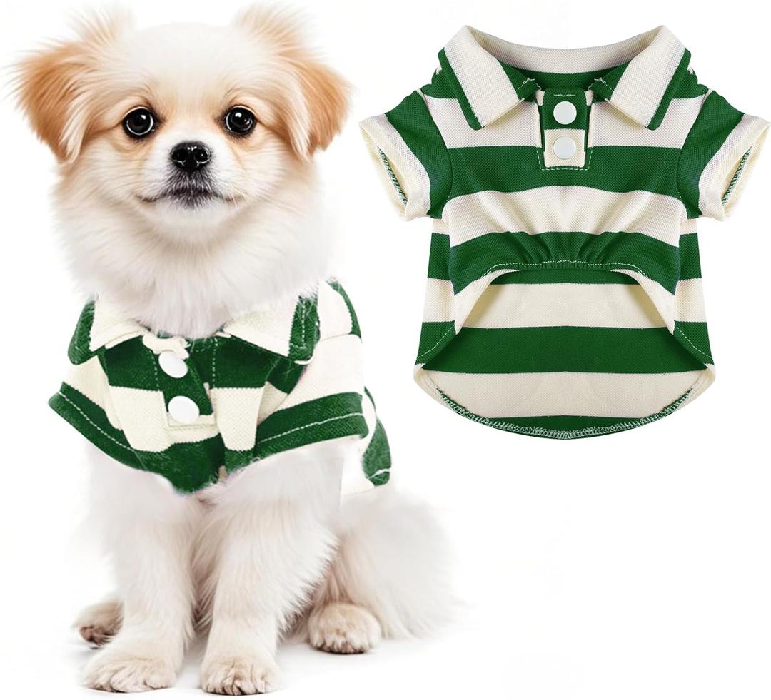 Dog Shirt Polo Shirt Striped Collar Puppy Clothes Summer Button Up Pet Clothes for Small Medium Dogs Cats for Boy Girl Pets (Green, Small)