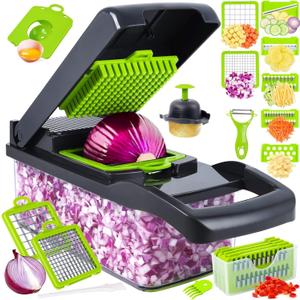 Vegetable Chopper, Pro Onion Chopper, 14 in 1Multifunctional Food Chopper, Kitchen Vegetable Slicer Dicer Cutter,Veggie Chopper With 8 Blades,Carrot and Garlic With Container (Gray) (Gray)