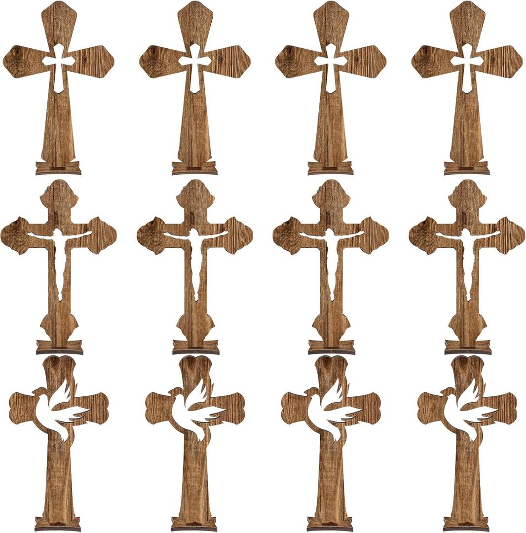 24 Pcs Easter Wooden Crosses for Craft Small Baptism Decor Catholic Rustic Unfinished Standing Cross for Centerpieces Easter Decor Table First Communion, 3 Styles, 6.7 x 4.3 Inches(Dark Brown)