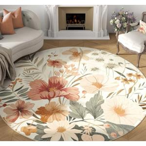 jinchan Renouveau Floral Round Rug 7ft Area Rug Indoor Circle 7' Round Washable Modern Oriental Flower Print Non Slip Carpet for Living Room Dining Room Bedroom Office Decor Pink/Grey