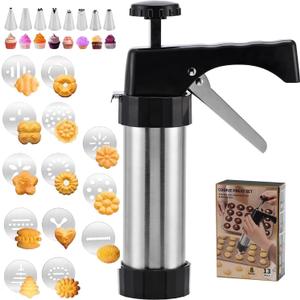 EooUooIP Cookie Press Kit, Spritz Cookie Press, Stainless Steel Cookies Maker with 13 Discs, 8 Piping Tips for DIY Christmas Cookies, Baking and Decorating