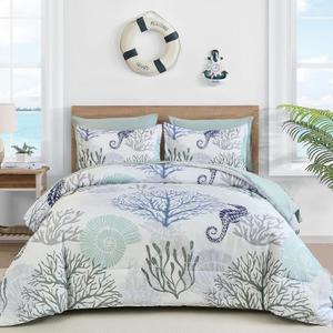 WONGS BEDDING Comforter Set King Size,Coastal Beach Theme Bedding Set, 7 Pieces Ocean Nautical Seaweed & Starfish Summer Bed in a Bag Holiday Sea House Comfoters with Sheets(104"90")