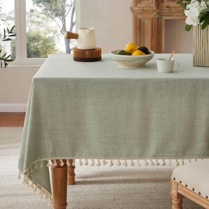 Linen Tablecloth with Tassels, Farmhouse Style Green Tablecloth, Water Resistant Burlap Tablecloths for Square Table, 60x60 Inch Green