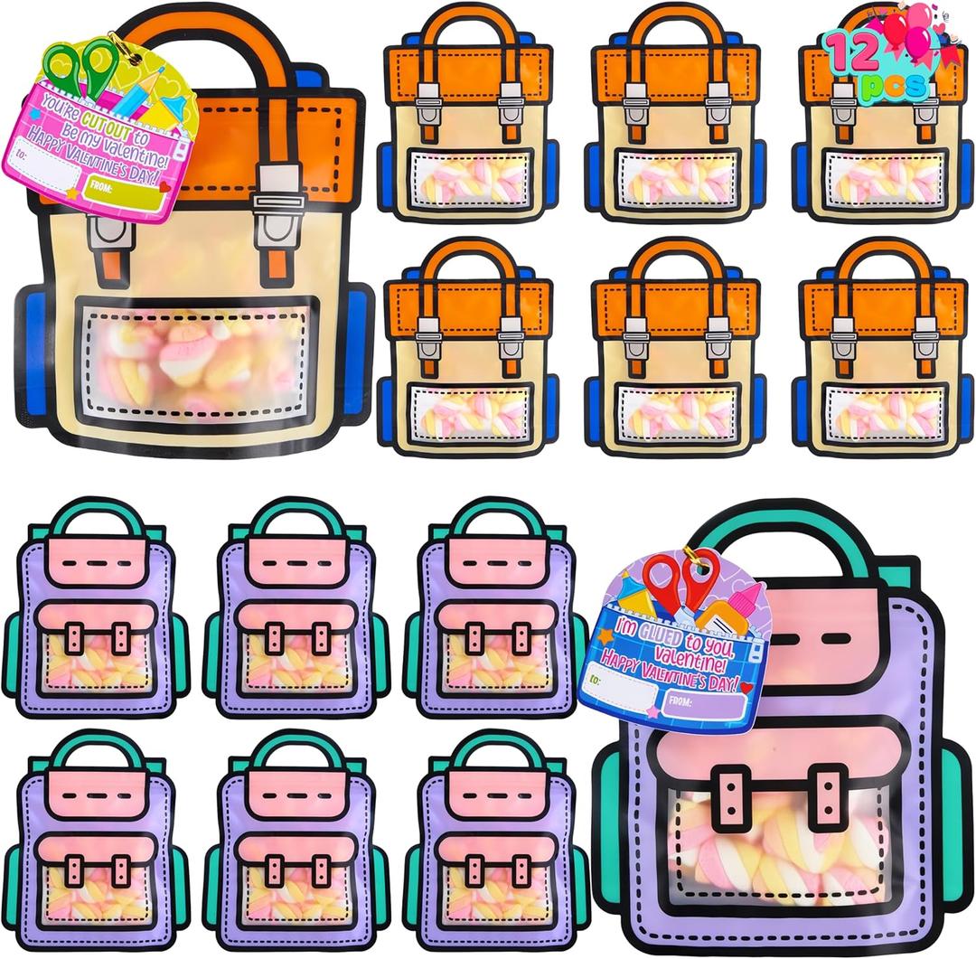 JOYIN 36 Pcs 8.2'' Valentines Day Backpack Gift Bags,8.2" Treat Bags with Handles & Cards, Reusable Plastic Cartoon Backpack Bags for Kids Party Favor, Classroom Exchange Prizes,Valentine Goodie Bag