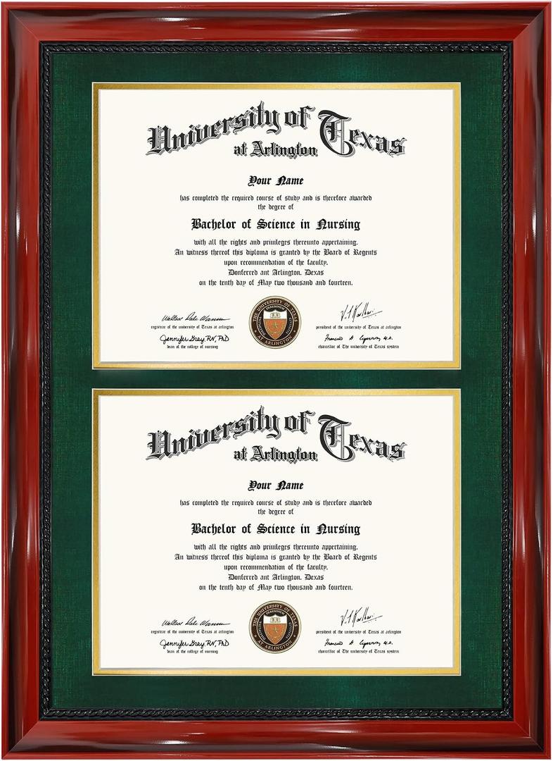 GMFrames Double 8.5x11 Diploma Certificate Frame, Solid Wood & Tempered Glass, Cherry Lacquer Finish & Intricate Rope Detail, Green over Gold Mat