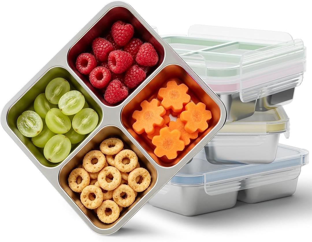 Bakpoco 4 Pack Stainless Steel Snack Containers, 4 Compartment Metal Snack Containers with Lid, Compact Food Storage Box Containers For Lunch & Snacks, 6.08oz x 4 compartments x 4 packs