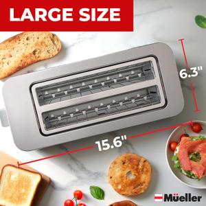 Mueller UltraToast Full Stainless Steel Toaster 4 Slice, Long Extra-Wide Slots for Bagels and Waffles, 6 Browning Levels, LED Display, Cancel/Defrost/Reheat Functions & Removable Tray, Kitchen Gadgets, Silver