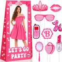 4.5FT Life Size Doll Photo Booth with 9Pcs Photo Props, Pink Princess Birthday Party Decorations for Girls, Doll Theme Photobooth Backdrop & Lets Go Party Supplies for Photoshoot