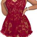 Plus Size Lingerie for Women Open Back Sexy Lingerie Dress Floral Lace Baby Doll Chemise Lace Nightgown (4X-Large, Color: WineRed)
